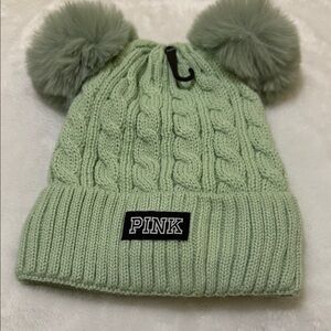 🆕 PINK Victoria's Secret Light Green Cable Knit Beanie with Pom-Poms